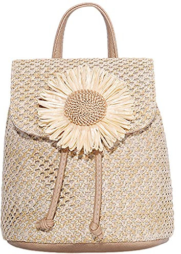 Anopo Damen Strand Rucksäcke Geldbeutel Frauen Geflochten Stroh Handgefertigt Böhmischer Stil Umhängetasche Handtasche Für Lässig Strand Urlaub Tagesrucksack E Sonnenblume-Khaki