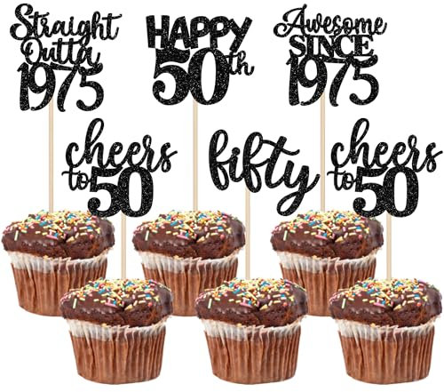 Cupcake-Topper zum 50. Geburtstag, glitzernd, gerade Outta 1972, Happy 50th Fifty Awesome Since 1972, 50 tolle Kuchendekorationen für 50. Geburtstag, Hochzeitstag, Partyzubehör, Schwarz, 24 Stück