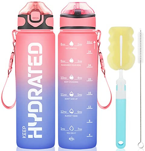 GOSWAG Trinkflasche, 1 Liter Sports Water Bottle mit Strohhalm und Zeitmarkierung, BPA-frei, auslaufsicher, 1000ml Wasserflasche mit 2 Reinigungswerkzeugen, Geeignet für Outdoor, Wandern, Schule