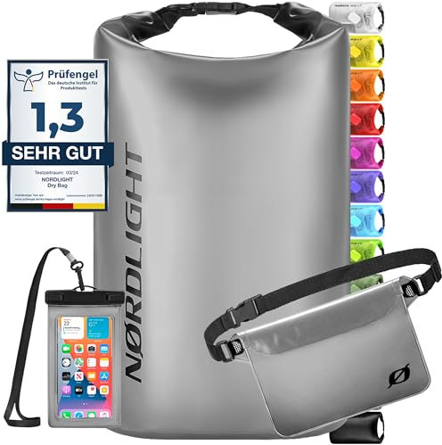 Nordlight wasserdichte Tasche 3er Set (Grau) - Dry Bag 20l + wasserdichte Handyhülle + wasserdichte Hüfttasche | IPX8 Schutz | Mit Verstellbaren Gurten Für Strand, Stand Up Paddling