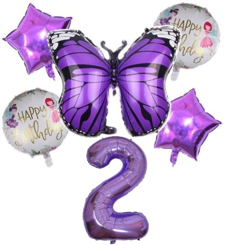 DIWULI Schmetterling Zahl 2 Luftballons - Deko Lila Set