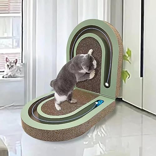 LEQOS Almohadilla plegable para rascar para gatos con campanas de persecución, de doble cara, interactiva, duradera, rascadora para gatos, cartón para rascar para gatos de interior (ovalado)