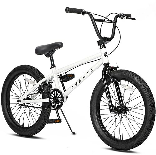 AVASTA 20 Zoll Freestyle Jugend BMX Fahrrad Kinder Fahrrad für 6 7 8 9 10 11 12 13 14 Jahre alt Jungen Mädchen Junge Erwachsene und Anfänger-Level-Fahrer mit 4 Peg, Weiß
