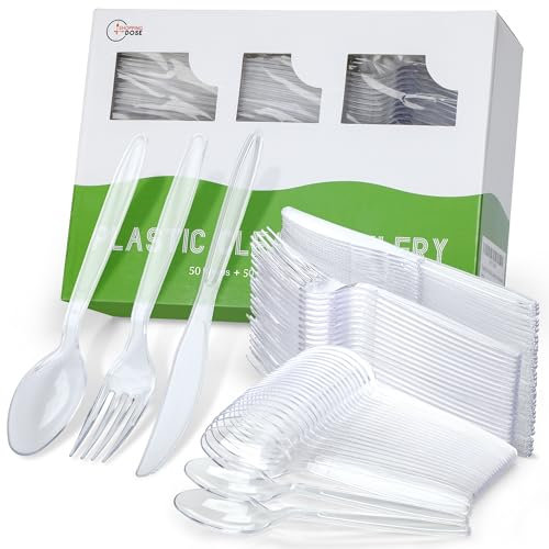 Shopping Dose Pack of 150 Heavy Duty Reusable Clear Plastic Cutlery Set (50 Spoons,50 Forks,50 Knives) Durable & Sturdy Party Cutlery Set for BPA Free Dinning (150, Clear/Transparent)