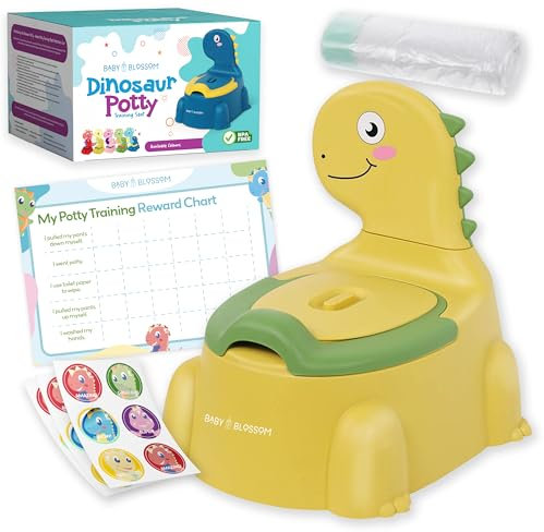 Dinosaur Potty Training Toilet Seat, Potty Toilet Set for Boys & Girls with Splash Guard, Toddler, Lid & Comfortable Back Rest, Includes Free Potty Liners & Reward Sticker Chart (Yellow)