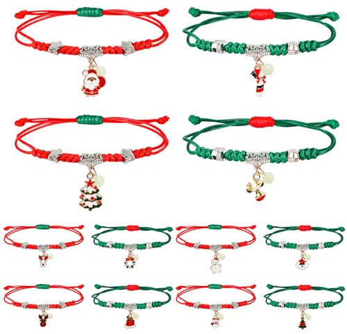 Weihnachten Armbänder,12 Stücke Adventskalender schmuck Einstellbare Seil Armband leuchtendes Armband, exquisite Weihnachten Armband Pärchen Armband Geschenk für Freunde Familie (A-Rot Grün)