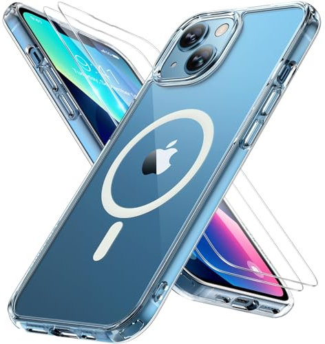 Miracase Magnetisch für iPhone 13 Hülle für Magsafe[mit 2 Schutzglas] Militärschutz Stoßfest Kratzfest Anti-Fingerabdruck Samtige Haptik Dünn Handyhülle für iPhone 13 6,1 Zoll, Klar