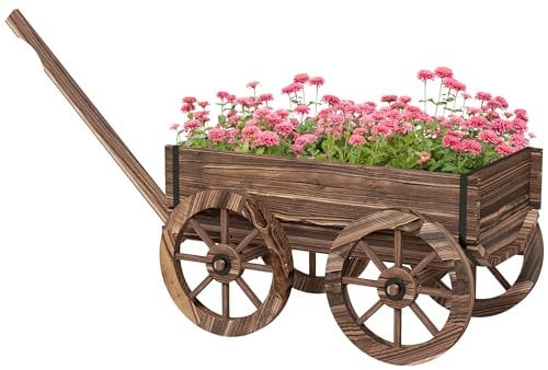 Outsunny Fioriera in Legno Carrello Portavasi con Ruote e Manico, Fori di Drenaggio e Finitura Carbonizzata, 120x41x54cm, Colore Legno