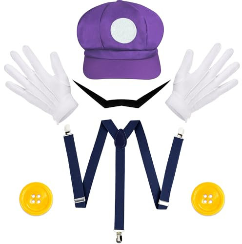 Orgoue Super Brothers Kostüm Zubehör, Super Bros Hut Schnurrbart Handschuhe Knöpfe Hosenträger Set für Erwachsene Kinder Frauen Cosplay (lila)