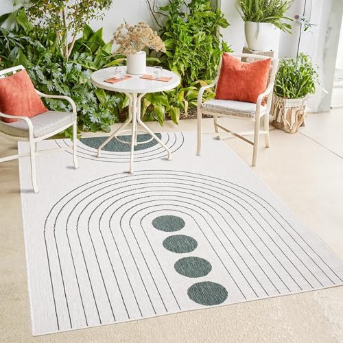 payé In- & Outdoor-Teppich - Grün Creme - 200x290cm - Wendeteppich - Kreis Muster - Wetterbeständig für Balkon Terrasse - Indoor Teppiche Wohnzimmer Küche