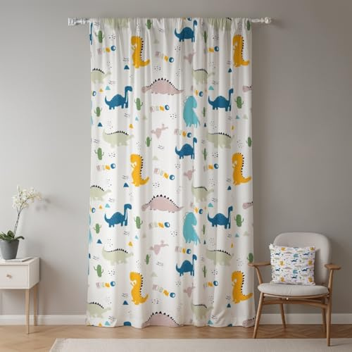 ggaimwf Dinosaurier-Vorhänge für Kinderzimmer Grün Dino-Eier Süßer Cartoon Jura-Wildtiere Fenstervorhänge Vorhänge mit Schlaufe Kinderzimmer Hängender Raumteiler Innenvorhang 132x214cm 1 Panel