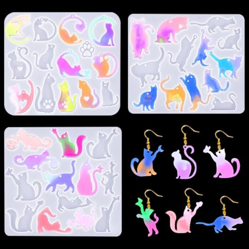 Zayookey 3 Pezzi Stampi in Silicone per Gioielli,Stampo Resina Epossidica Orecchini di gatto Earring Resin Mold Stampi per Ciondoli per Pendente Collana Fai da Te