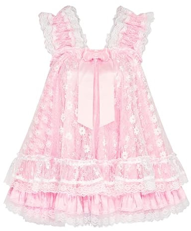 Satini Lingerie Satin efféminé Nuisette Volants Froufrou Dentelle Nuisette Déshabillé Cosplay Vêtements de Nuit Robe (Rose Clair - Blanc, XXL)