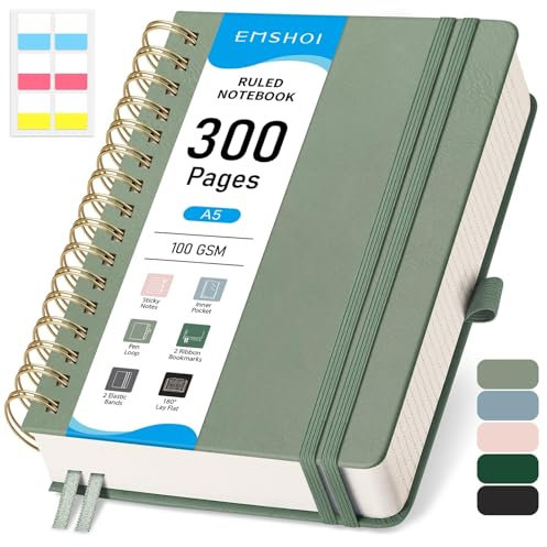 EMSHOI A5 Notebook College Ruled, Spiral Notepad 150 Sheets/300 Pages, 100gsm, HardCover, Sticky Notes, Pocket, Pen Loop, Ruler, Bookmark, Lined Journal for Women Men Writing, 14.5 x 21cm, Sage Green