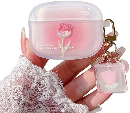 PHOEACC Kompatibel mit AirPods Pro 2./1. Generation Hülle Cute 3D Blume Transparente Weiche TPU Schutzhülle Hülle mit Schlüsselanhänger für Mädchen und Frauen (Rose Rosa)
