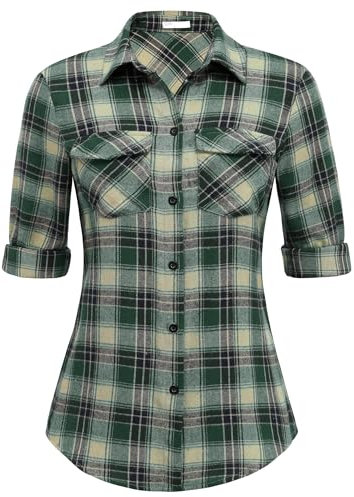 UNibelle Chemise à Carreaux Manches Longues Femme - Chemisier Traditionnel Oktoberfest - Veste en Coton - Col en V - Noir/Vert
