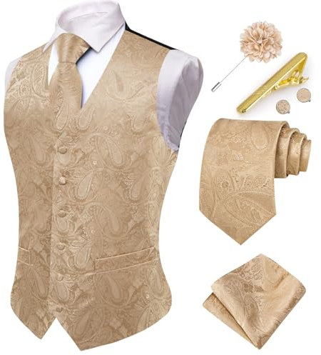 Hi-Tie Herren-Anzugweste und Krawatte, V-Ausschnitt, Seide, Paisleymuster, formelle Weste, Krawatte, Einstecktuch, Set für Hochzeit, champagnerfarben / goldfarben, X-Large