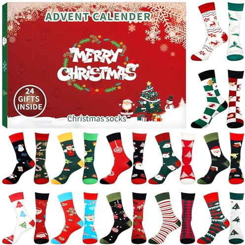 Weihnachten Socken Adventskalender 2024 Frauen Männer, Adventskalender Socken Weihnachtskalender 2024 Für Herren Damen 24 Paar Christmas Socks Countdown Kalender Weihnachtssocken Lustige Geschenk