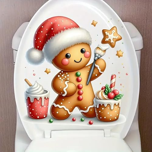 Christmas Gingerbread Man Ice Cream Toilet Cover Sticker Decals,Christmas Snowman Ocean Waterproof Toilet Lid Tank Seat Decals Cistern Self-Adhesive Bathroom Wall Sticker