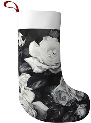 YaWea Schöne Weihnachtsstrümpfe mit schwarz-weißem Rosen-Druck, perfekt als Kamindekoration, zum Verschenken