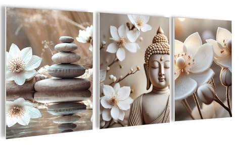artissimo, Bilderset 3er-Set, PE6756-DS, 3 Bilder 30x40cm, moderne Bilderwand, Wandbilder-Set 3-teilig, weiß beige, Zen Spa Buddha, Yoga
