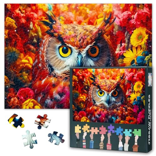 1000 Piece Jigsaw Puzzle for Adults, Owl Close-Up Art with Bold Yellow Eyes & Red Floral Details, Botanical Wildlife Wall Decor Puzzle, Challenging Bird and Flowers Design 27.5x19.7 Inch
