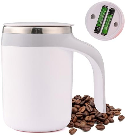 Kytpyi Tazas de Cafe, Termo Cafe, 380ml Mezclando Automáticamente Taza acero Inoxidable con Asa Tapa, Doble Capa Anti-quemaduras Coffee Cup para Casa Escuela Oficina (Blanco)