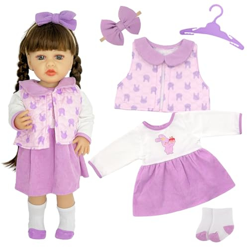 5 Stück Babypuppenkleidung für 20-22 Zoll Babypuppen, süß Puppenkleidung 50-55cm mit Vest Little Rabbit Weste Kleid Socken Kleiderbügel Lila Puppen Zubehör Geburtstagsgeschenk für Mädchen