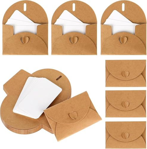 Medrialife Mini Briefumschläge aus Kraftpapier mit Blanko-Karten 10,5 x 6,8 cm – Kleine Briefumschläge mit Herzverschluss für Dankeskarten, Weihnachten, Hochzeit, Feiertage, Visitenkarten, 50 Stück
