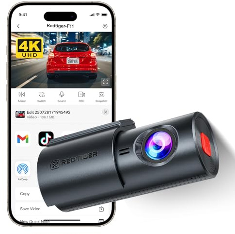 REDTIGER F11 Dashcam Auto Vorne 4K, Diebstahlschutz Dashcam mit Nachtsicht, WDR, Loop-Aufzeichnung, WiFi, Installation in Zwei Schritten, 24H-Parkmodus, Unterstützt Max 256 GB