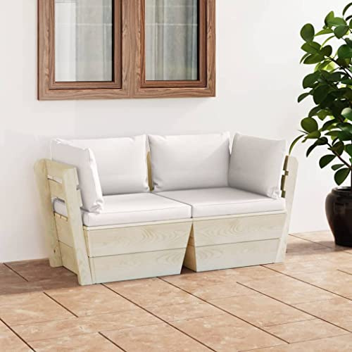 QJBSAVVA 2-Sitzer Palettensofa 60x60x65 cm imprägniertes Fichtenholz mit cremeweißen Kissen Modernes Balkonmöbel Set für kleine Balkone, Garten, Terrasse und Wohnzimmer