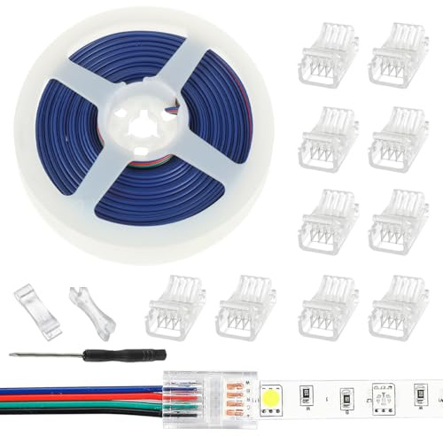 JAMHER 10 Pack LED Strip Connector RGB Lights Adapter Lighting Pin Connectors Clear Unwired Gapless Track Lighting Connector with 5M/16.4ft Cable(4 PIN 10 MM)