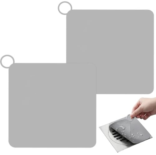 Vauki 2 coperture per scarico a pavimento, antiodore, tappi per doccia in silicone, 20 x 20 cm, sifone per cucina, bagno, toilette, biancheria, perfetta igiene (grigio)
