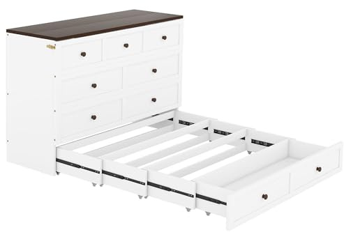 XPSSJMU Wandbett, 140 x 200 cm, mobiles Wandbett mit Schubladen am Fußende und Ablage am Kopfende, umwandelbares Plattformbett, Matratze Nicht enthalten, weiß
