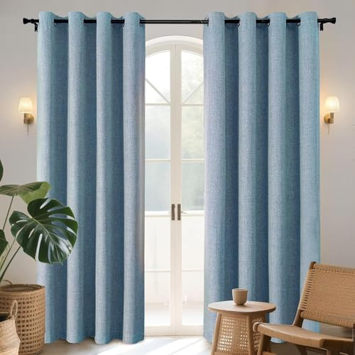 Joydeco 100% Blackout Lined Curtains W52 x L84 Inch Drop, Linen Look Eyelet Thermal Insulated Curtains with Coating Back Layer for Light Blocking Noise Reduction, Sky Blue - 2 Panels