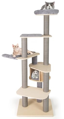 COSTWAY Kratzbaum groß, 197 cm, Katzenbaum mit dicken Stämmen, Plattformen, Katzenhöhle, Kratzpfosten, Hängematte & abnehmbaren Matten, Katzenkratzbaum Holz, Katzenturm Kletterbaum Katze, Grau+Natur