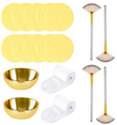 Face Mask Brush and Bowl Set, 18-Piece Professional Facial Kit with Multiple Applicators, Ideal for Daily Skincare Routine and Travel Use, Includes 10 Brushes and Bowls in White Gold Champagne Colours