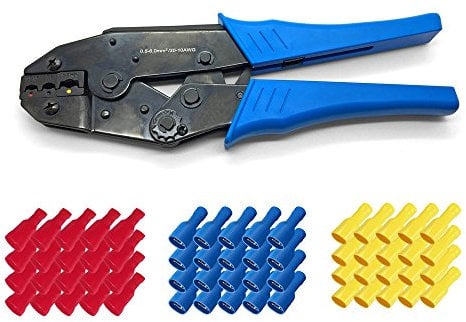 ARLI Crimpzange + Flachsteckhülsen 6,3 x 0,8 mm 40x Rot 50x Blau 10x Gelb Elektrische Flachsteckhülse 0,5-6 mm Flach Hülse Stecker Verbinder Hülsen Crimp Zange Set kfz Steckverbinder crimpen
