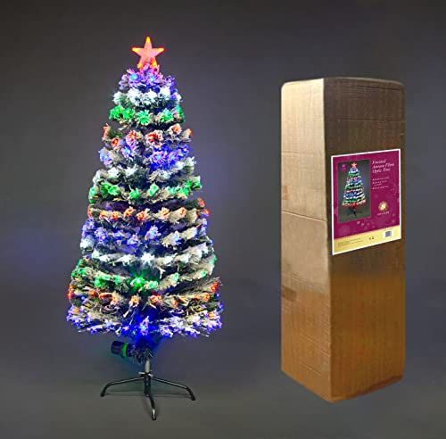 SHATCHI 6Ft/180cm Snow Fibre Optic Christmas Star Topper-Multicolor LEDs 8 Changing Light Modes-Pre-Lit Snowy Artificial Xmas Tree, PVC, Frosted Aurora, 180 cm