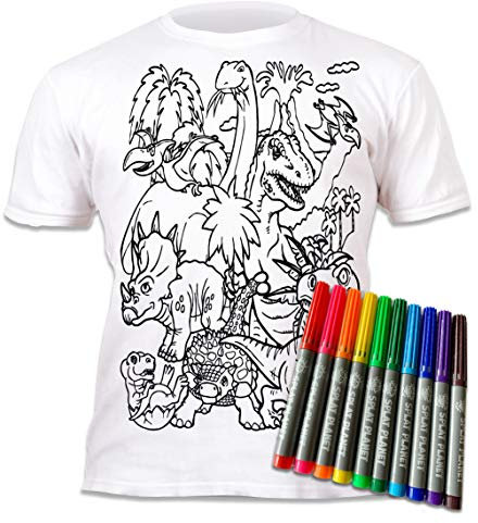 Splat Planet T-Shirt con Dinosauro T-Shirt Magica da Colorare con 10 Penne Magiche Lavabili Atossiche - Colora La Tua Maglietta, Colora E Lava Via E Ricolora I Compleanni dei Bambini (3-4 Anni)