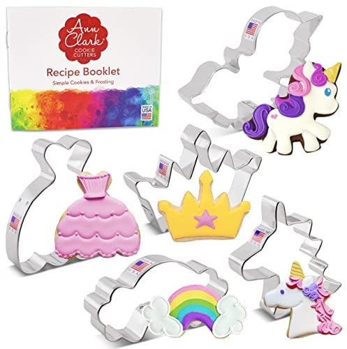 Ausstechformen von Ann Clark USA - Märchenprinzessin, Einhorn Keksausstecher 5-Teilig Set, Krone, Kleid, Einhorn, Einhornkopf, Regenbogen