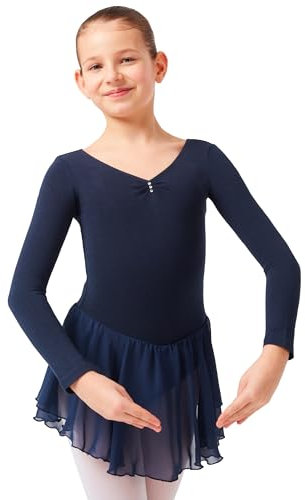 tanzmuster ® Ballettkleid Mädchen Langarm - Anna - aus weichem Baumwollstoff mit Glitzersteinen und Chiffon Röckchen fürs Kinder Ballett Ballettbodyin marineblau, Größe:140/146