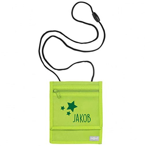 Brustbeutel mit Namen | Motiv Sterne inkl. Namensdruck personalisiert & Bedruckt | Geldbörse Kindergeldbeutel Münzfach für Kinder Jungen Mädchen mit Klettverschluss zum Umhängen (grün)