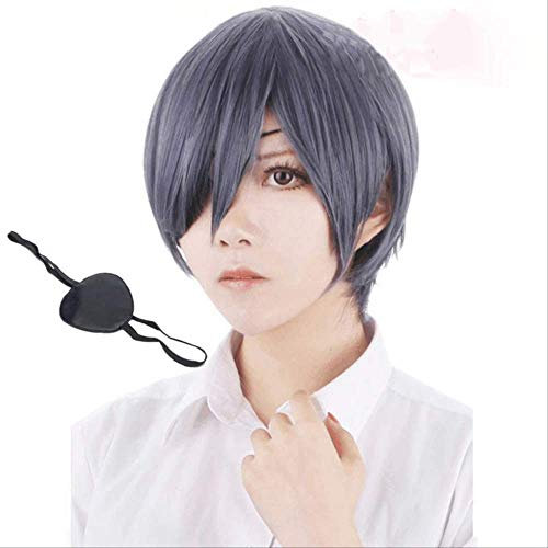 Anime Black Butler Kuroshitsuji Ciel Phantomhive Perücken Grau Blau Hitzebeständige Synthetische Haare Cosplay Perücke + Schwarze Augenklappe Perücke Und Augenklappe