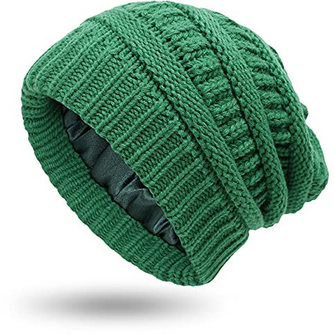 Muryobao Damen Winter Warme Strickmütze Satin Seide gefüttert Zopfmuster Beanie Chunky Slouchy Skull Cap, Grün , Einheitsgröße