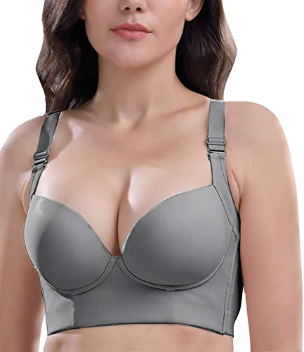 BIBILILI Women Deep Cup Bra Full Back，Fashion Deep Cup Bra Hides Back Fat Bra with Shapewear Plus Size Push Up Sports Bra Wireless Strapless Bra Grey