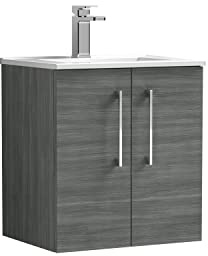 nuie ARN521B Arno Modern Bathroom Wall Hung 2 Door Vanity Unit with Minimalist Ceramic Basin, 500mm, Woodgrain Anthracite