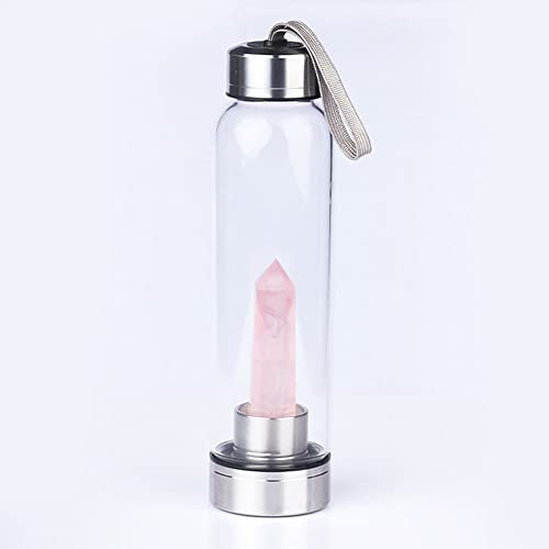 SAHKGYE Natürliche rosa Kristallwasserflasche Edelstein-Glaswasserflasche mit Rosenquarz-Edelstein Zauberstab Heilung Elixier Punkt Kristall Obelisk Natürliche Quarzkristall-Wasserflasche