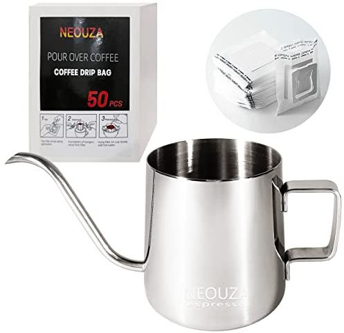 NEOUZA Pour Over Coffee Kettle, Gooseneck Kettle Drip Coffee Maker Kettle Stainless Steel(Silver Kettle and 50pcs Bag, 250mL)