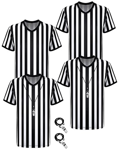 Sintege 4er Pack Schwarz Weiß Gestreiftes Schiedsrichter Hemd mit Pfeife Offizielles Schiedsrichter Kostüm mit V-Ausschnitt Herren Fußball Schiedsrichter Trikot Kostüm für Basketball Fußball (L)
